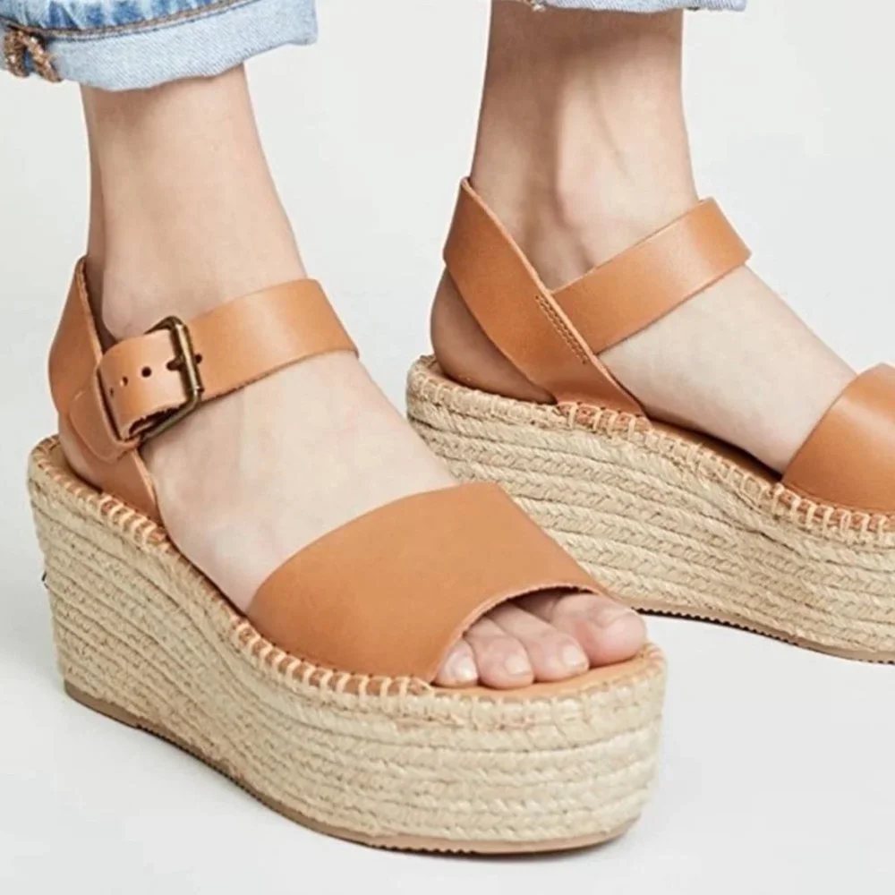 Soludos Tan Leather Espadrille Wedge Sandals